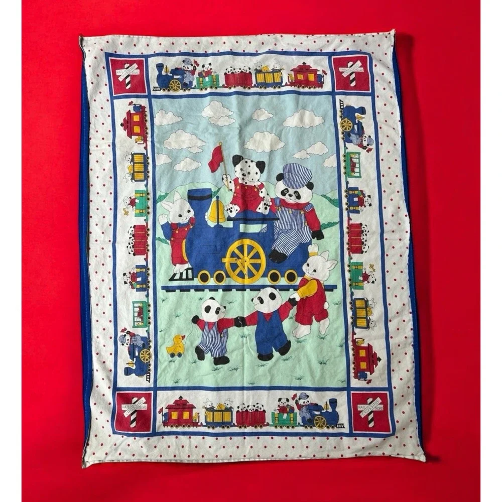 VTG 90's Baby Crib Blanket / Wall Hanging Train Animals Primary Colors 30