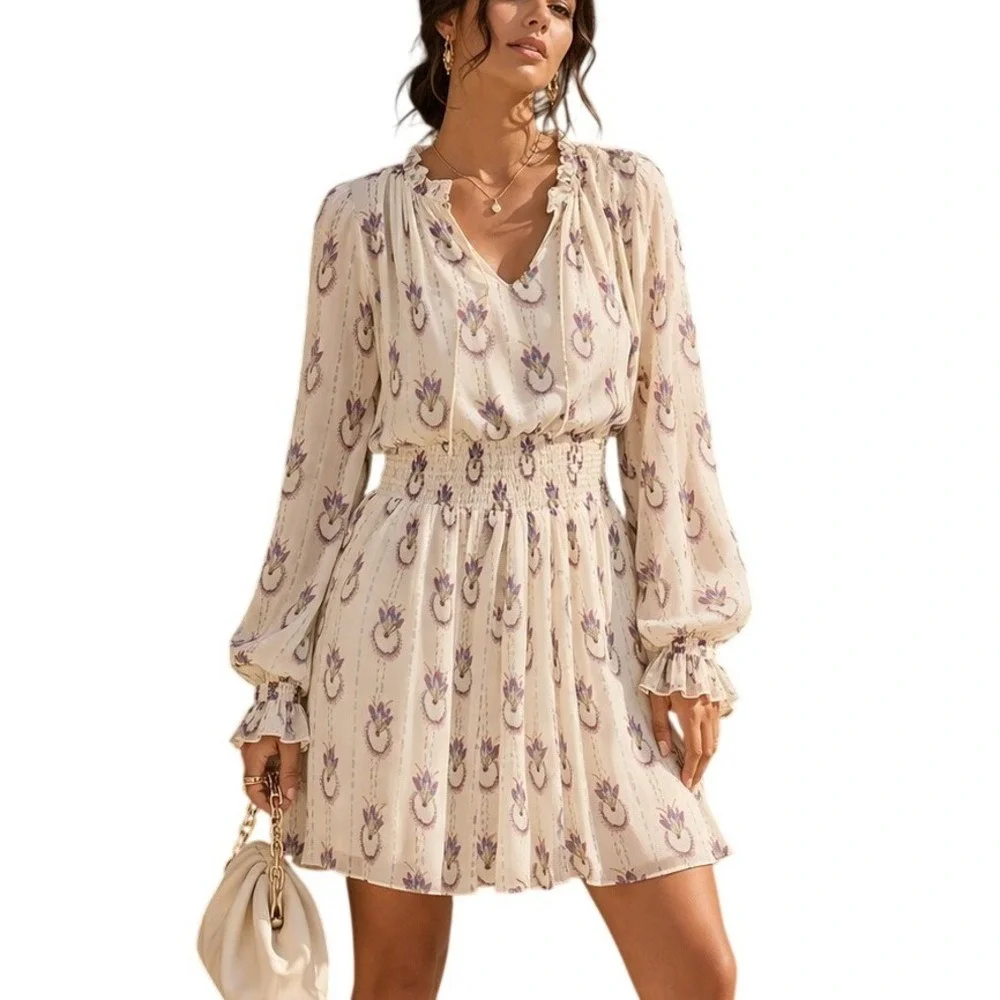 Free People Cottagecore Boho Floral Smocked Waist Mini Dress Cream Purple Blue L
