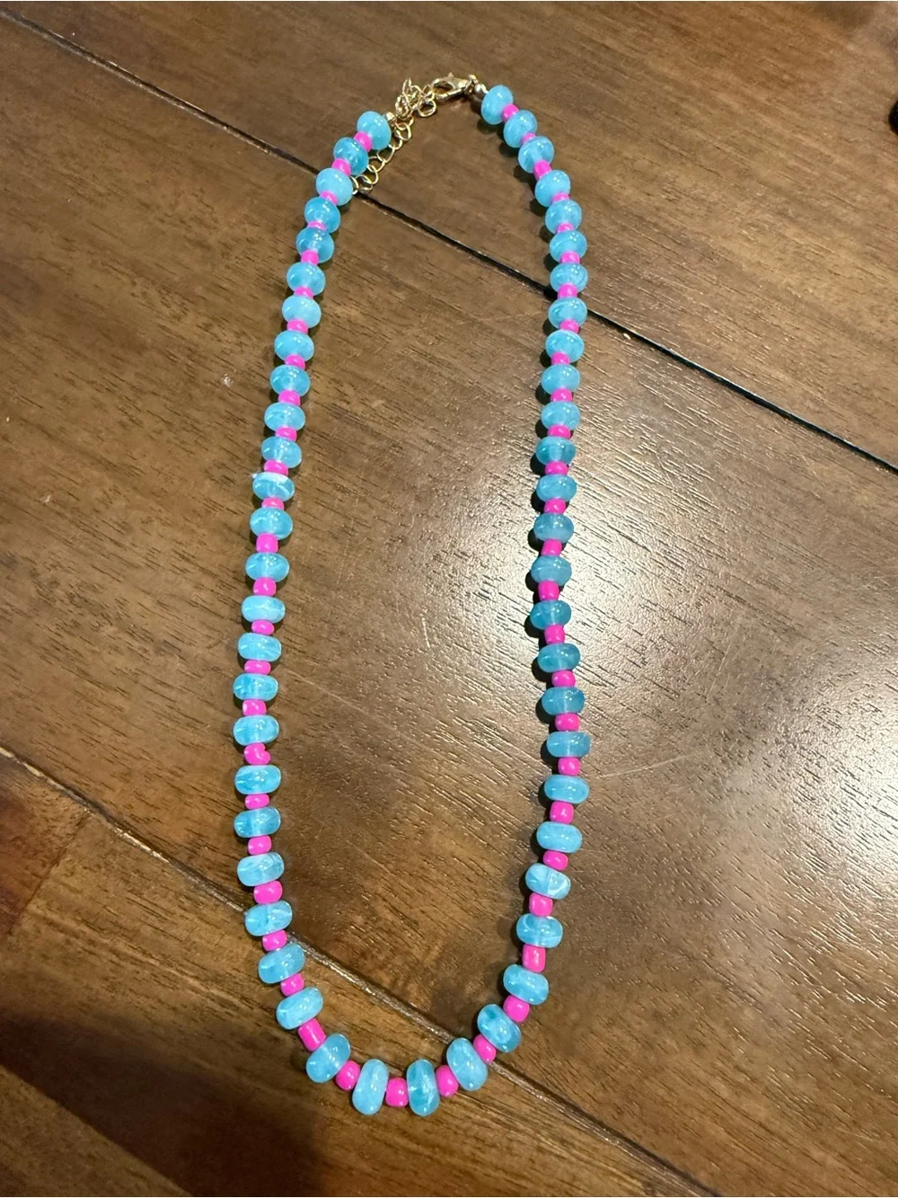 Turquoise and Pink Beaded Necklace with Gold Accents