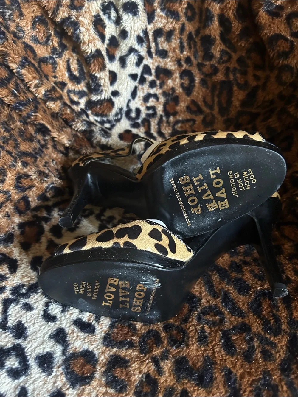 Beverly Feldman Leopard Print Peep-Toe Ankle-Strap Heels with Gold Accent
