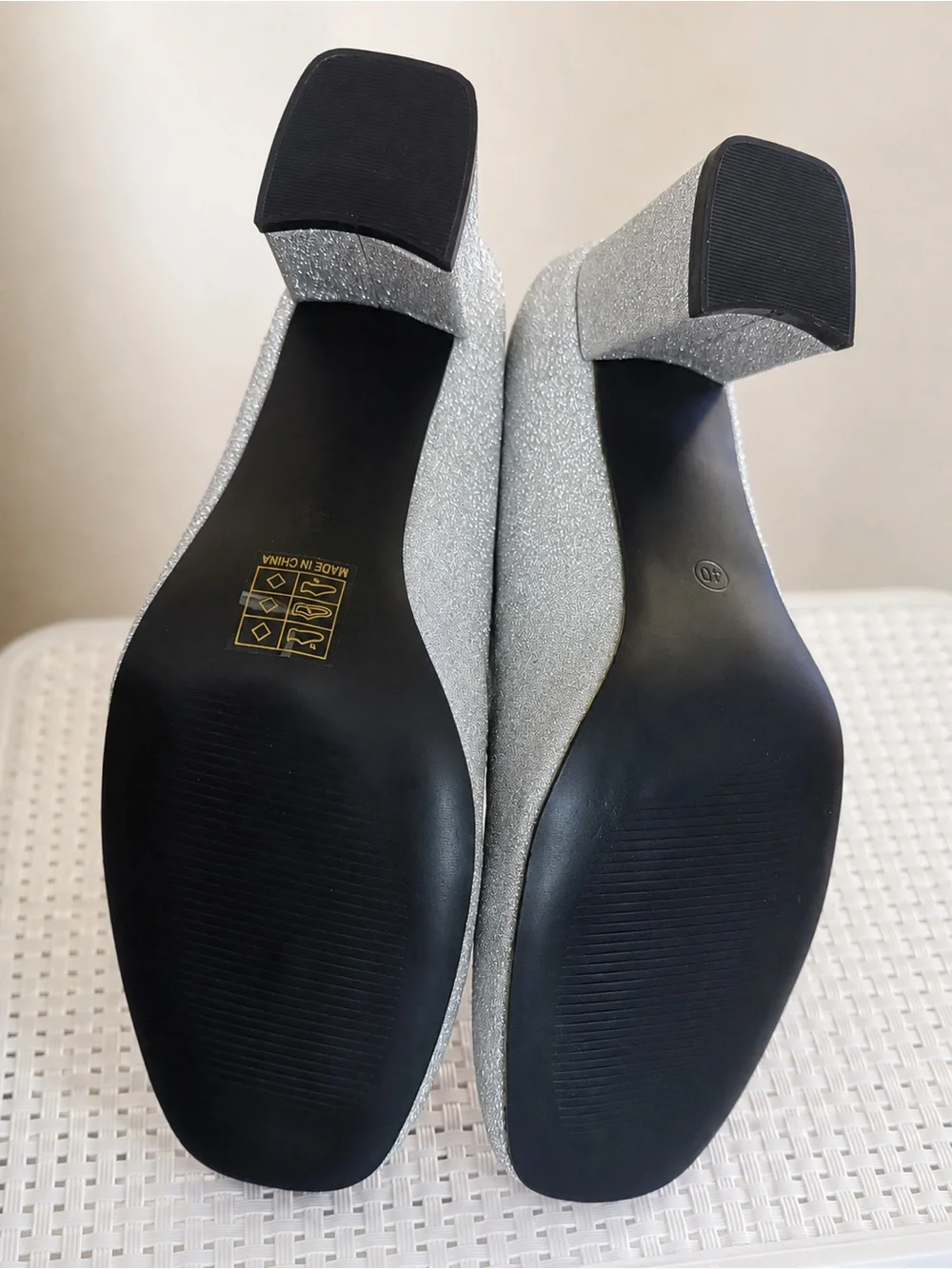 Silver Glitter Double Strap Mary Jane Block Heels Size 40