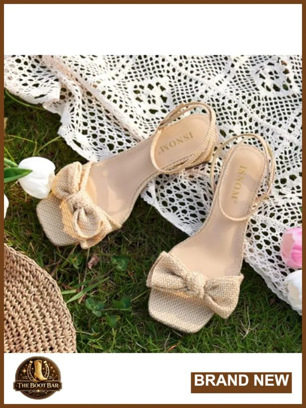 Women's Bow Knot Square Toe Heeled Sandals Ankle Strap Woven Block Heel