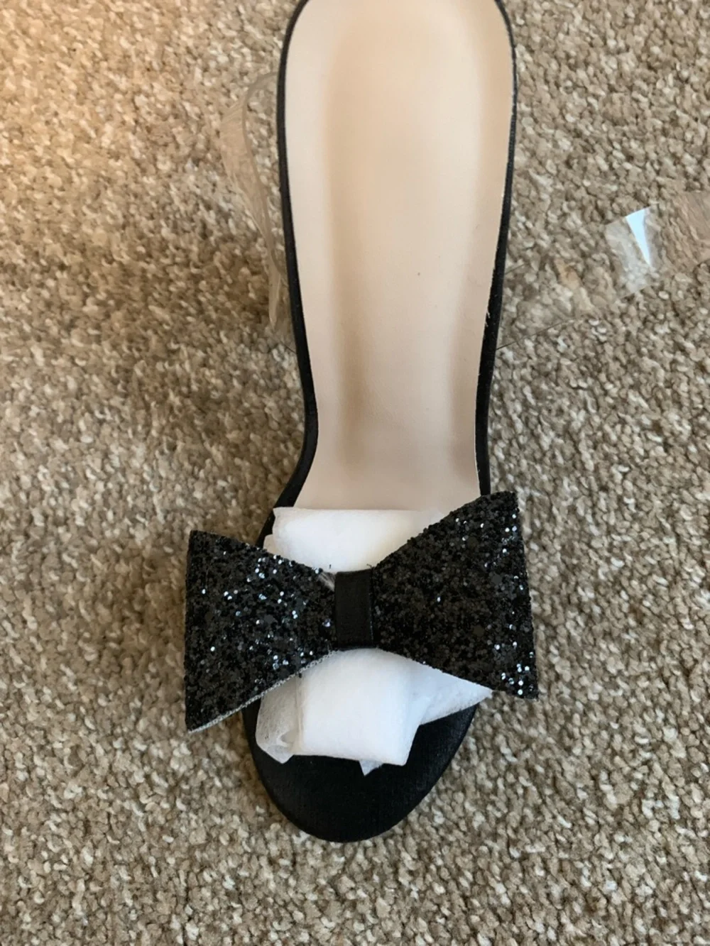 Black Glitter Bow Block Heel Sandals with Clear Strap