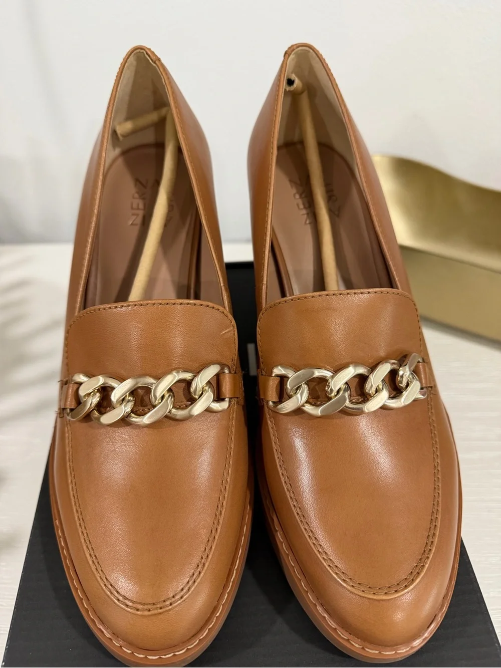 Women’s Tan Block Heel Loafer with Chain Accent