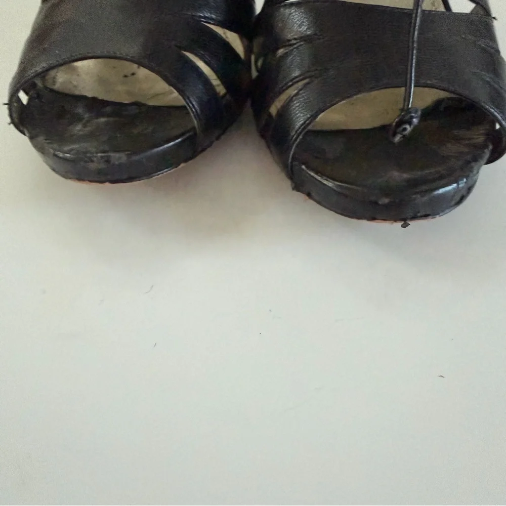 Anne Klein Black Leather Lace-Up Heels | Strappy Open Toe Sandals | Size 7M