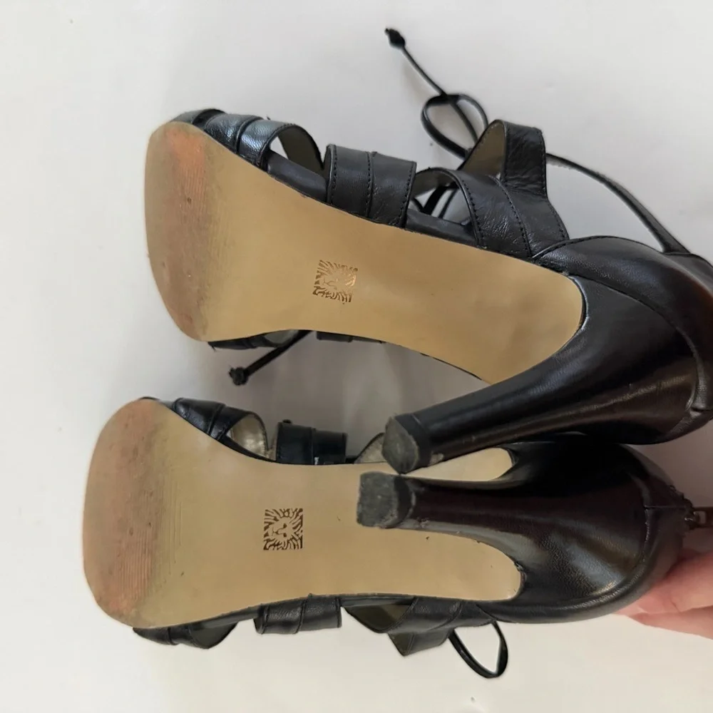 Anne Klein Black Leather Lace-Up Heels | Strappy Open Toe Sandals | Size 7M