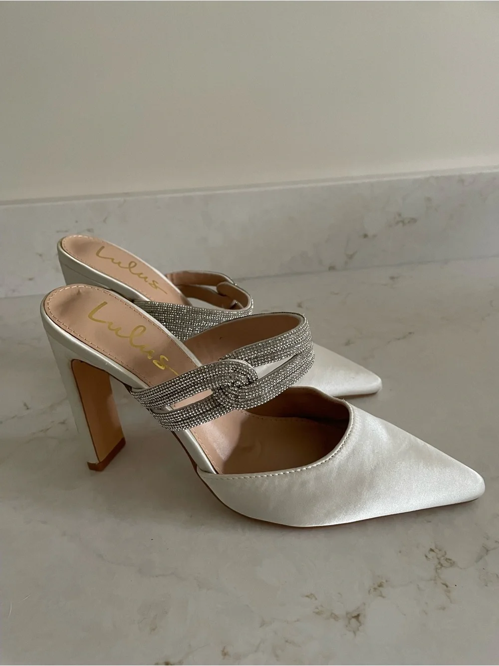 Lulus Celines White Satin Rhinestone Pointed-toe Mule Pumps - Size 8