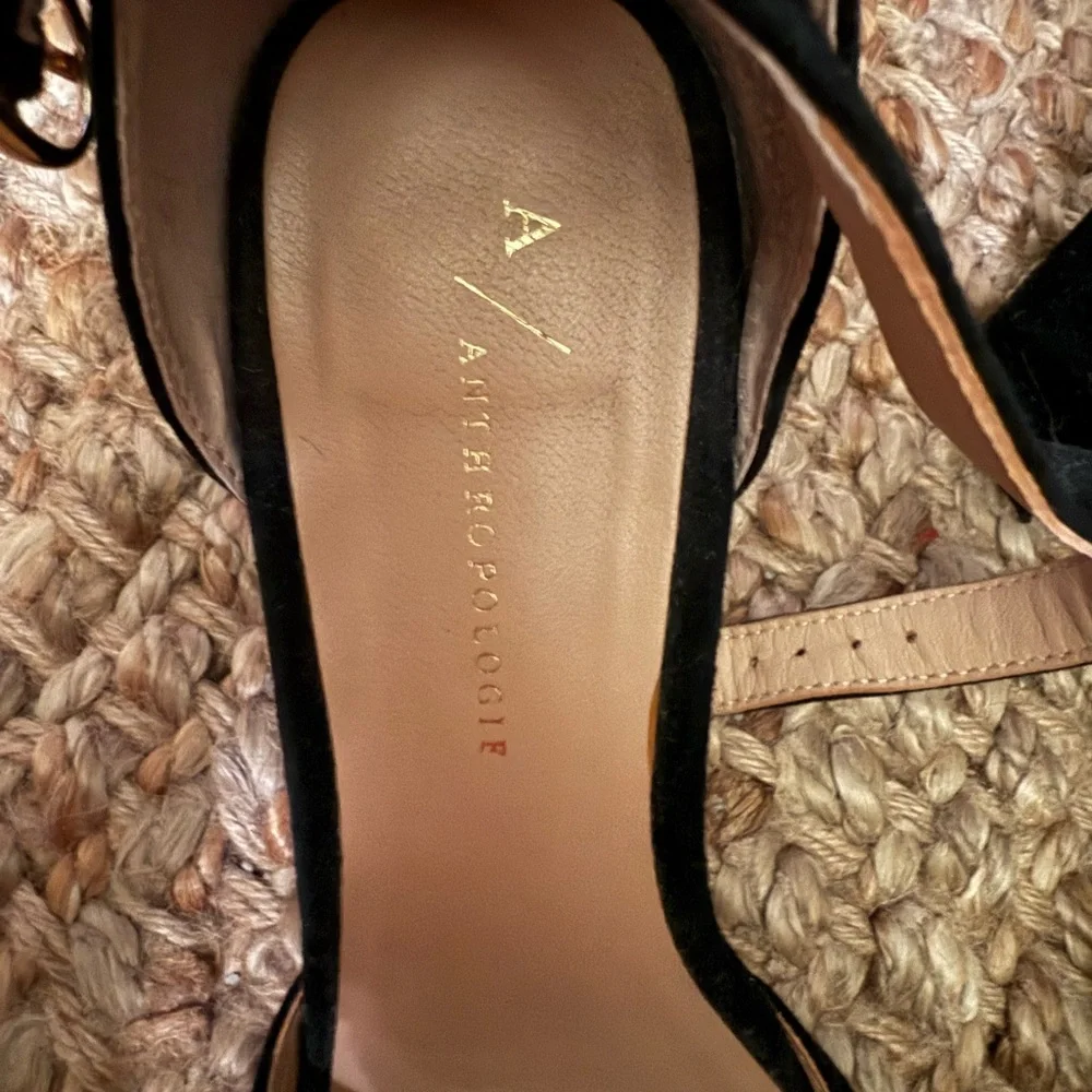 Anthropologie Black and Blue Elegant Heels with Pom-Pom - 4 inch heels