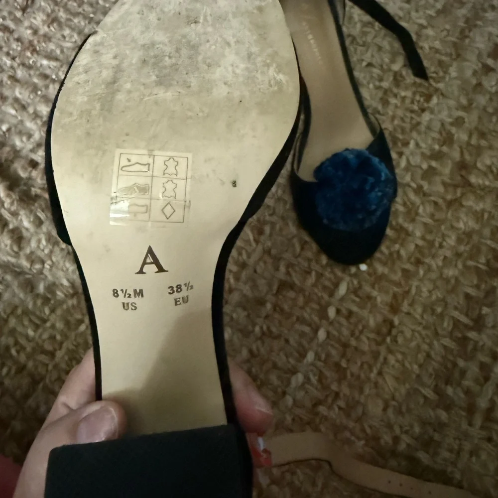 Anthropologie Black and Blue Elegant Heels with Pom-Pom - 4 inch heels