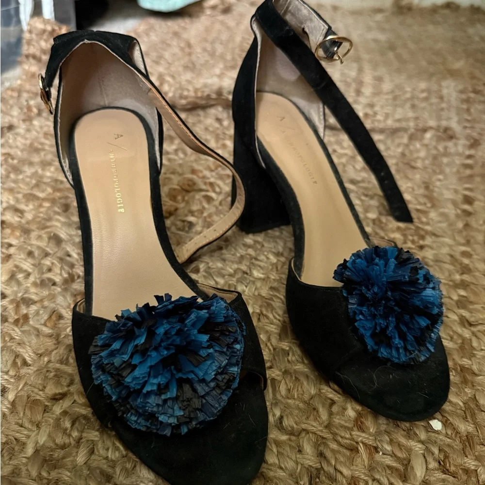 Anthropologie Black and Blue Elegant Heels with Pom-Pom - 4 inch heels