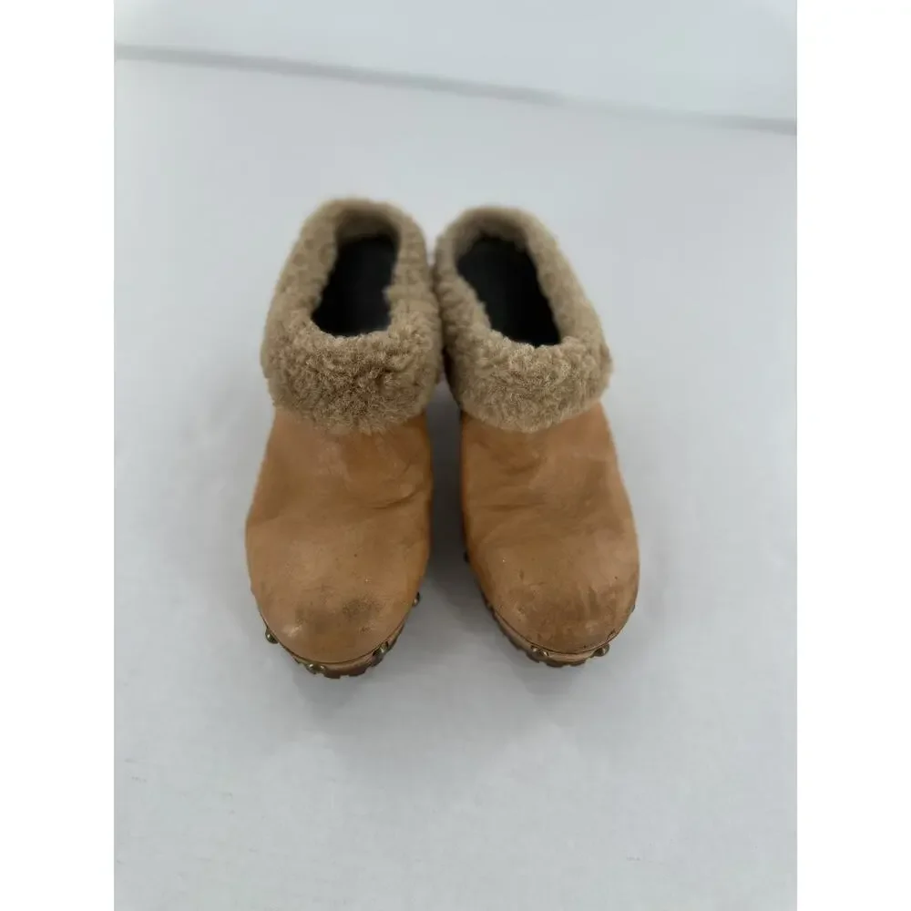 Vtg Staccato Clogs Leather Wood Heel Stutted Shearling Y2K Size 9 Bratz