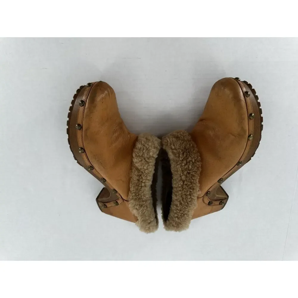 Vtg Staccato Clogs Leather Wood Heel Stutted Shearling Y2K Size 9 Bratz