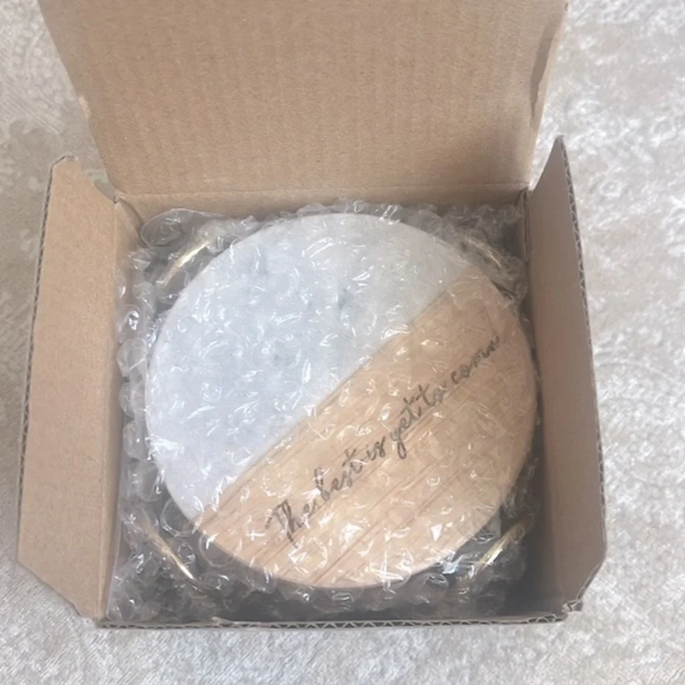 Brand New Genuine Marble & Organic Wood Coaster Set Engraved Gold Tone Holder