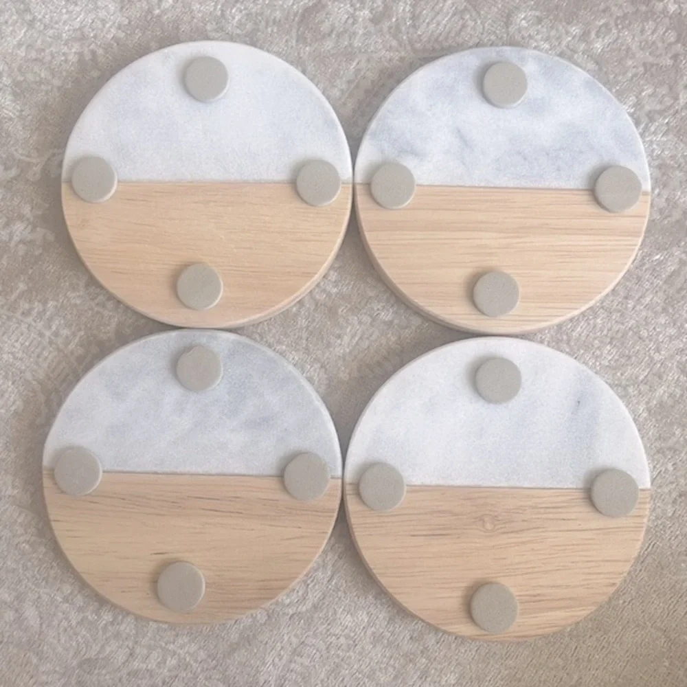 Brand New Genuine Marble & Organic Wood Coaster Set Engraved Gold Tone Holder