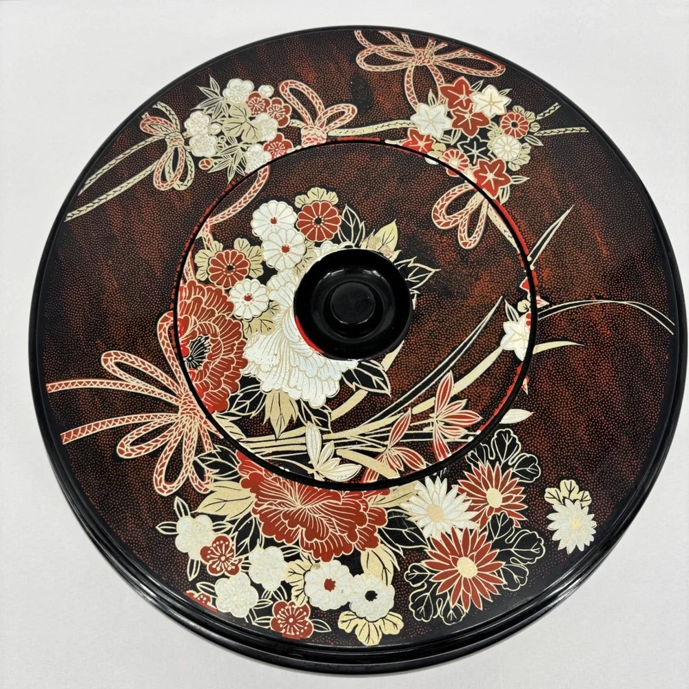 Japanese Lacquerware Style Round Divided Serving Tray Lidded Floral Black Red