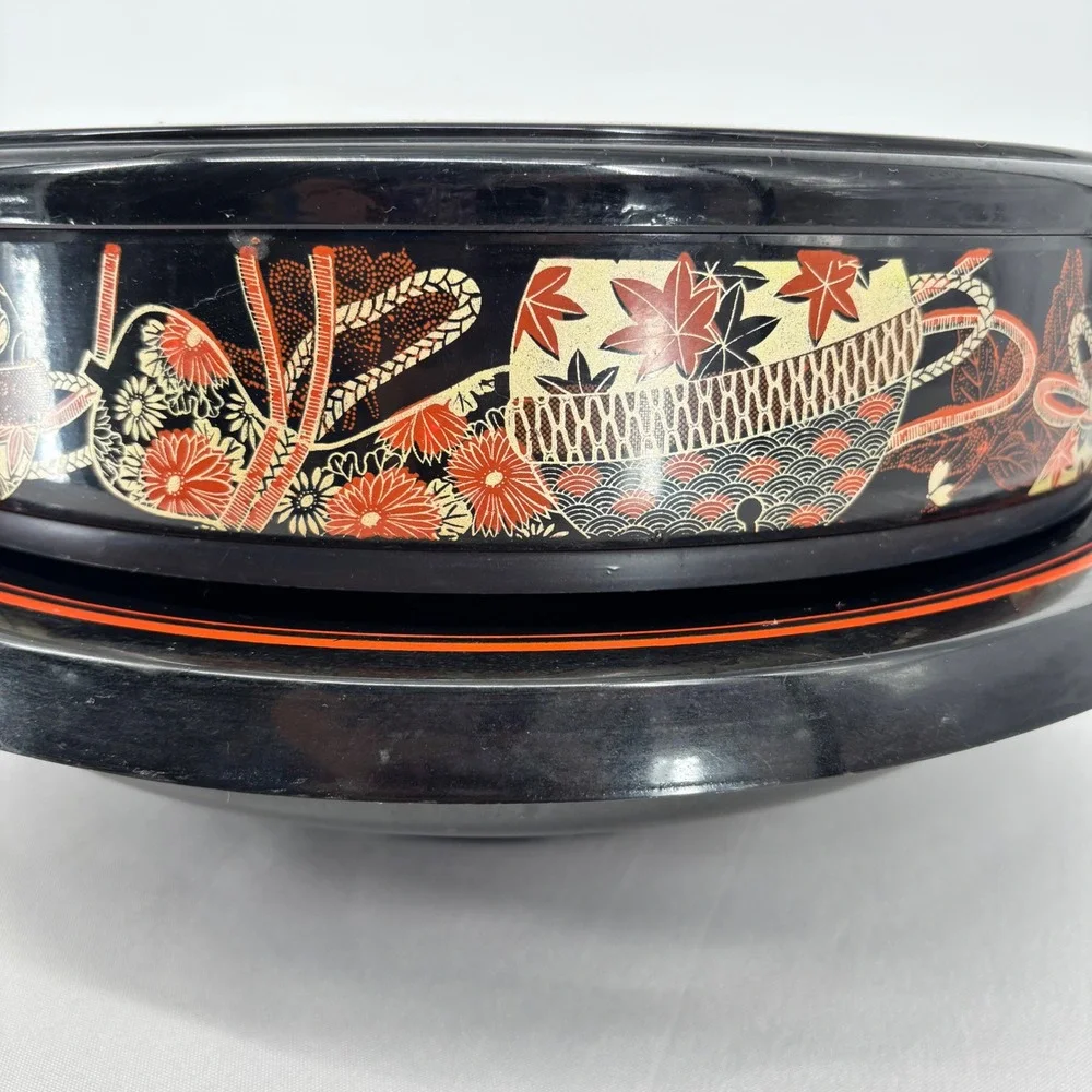 Japanese Lacquerware Style Round Divided Serving Tray Lidded Floral Black Red
