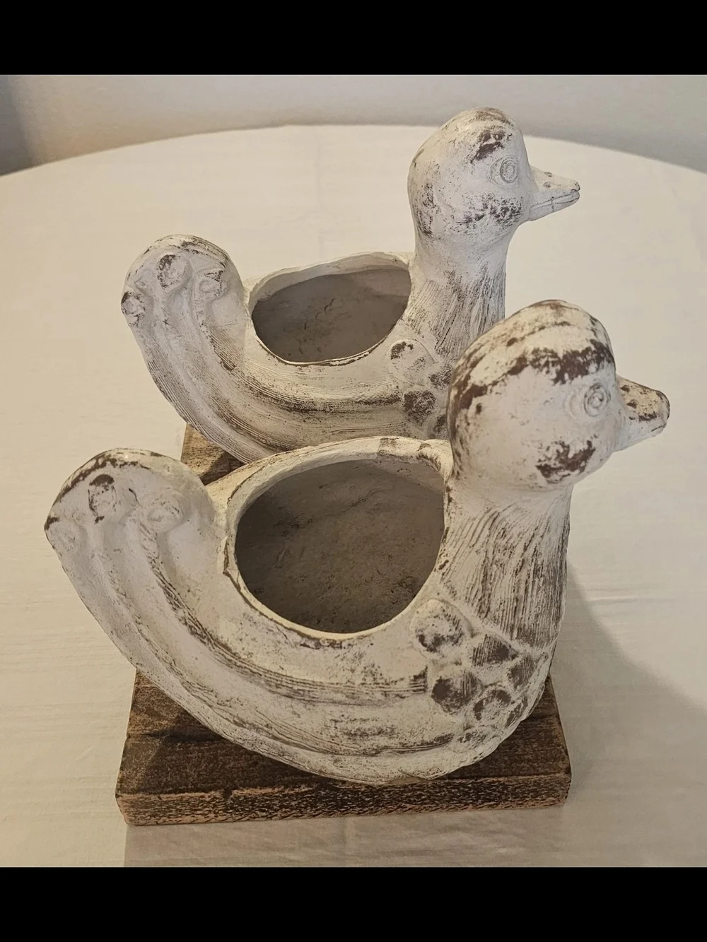 Vintage White Distressed Clay Terra  Cotta Duck Planters On Wood Base
