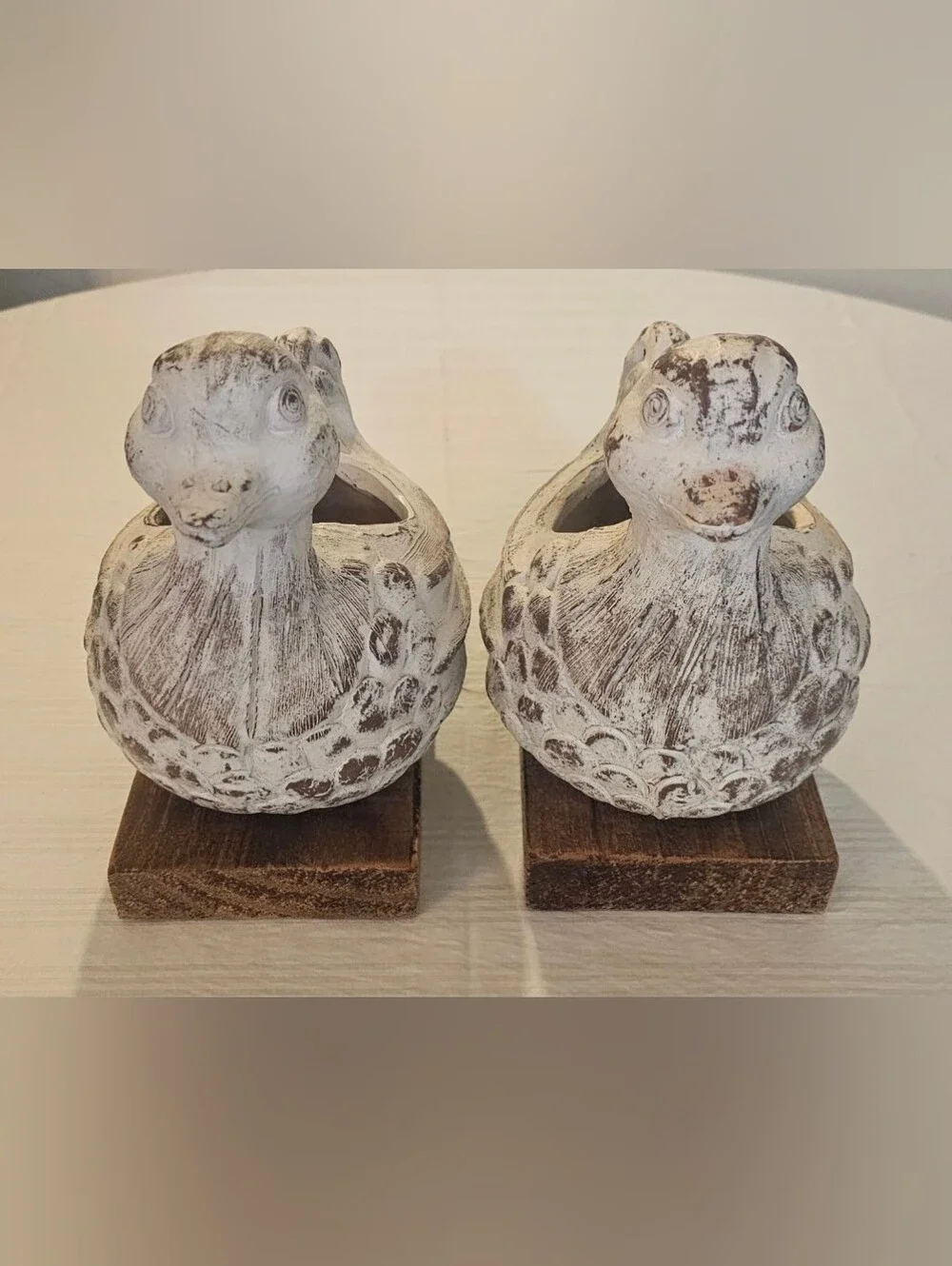 Vintage White Distressed Clay Terra  Cotta Duck Planters On Wood Base