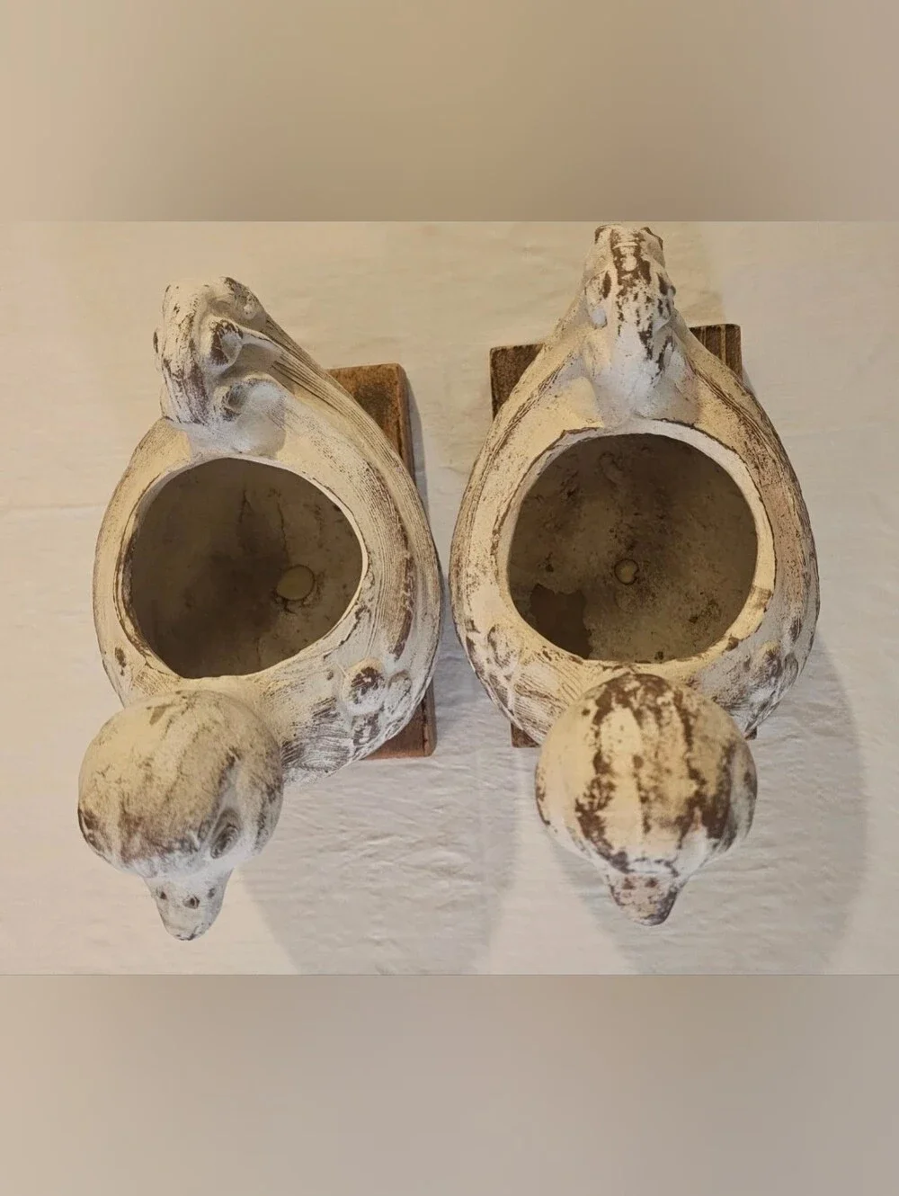 Vintage White Distressed Clay Terra  Cotta Duck Planters On Wood Base