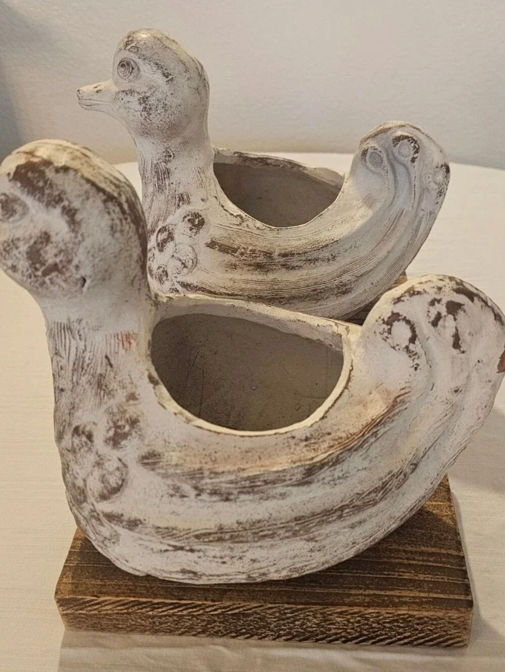 Vintage White Distressed Clay Terra  Cotta Duck Planters On Wood Base