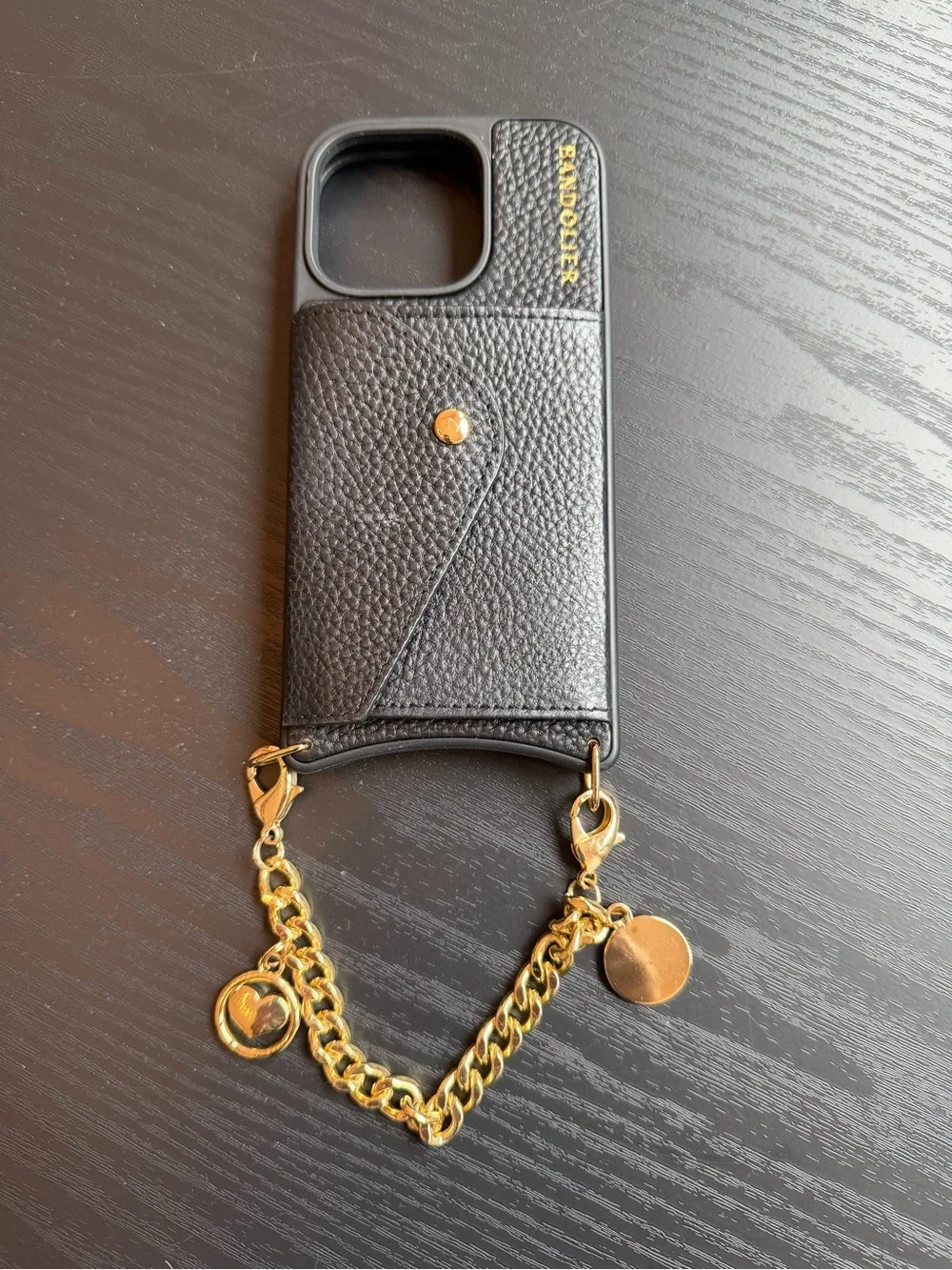Bandolier Black Leather iPhone Case with Gold Chain Strap