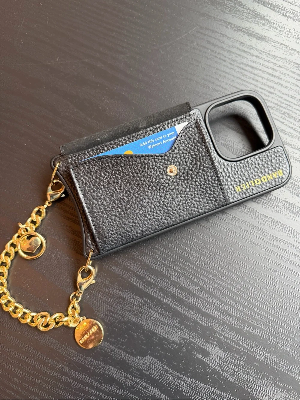 Bandolier Black Leather iPhone Case with Gold Chain Strap