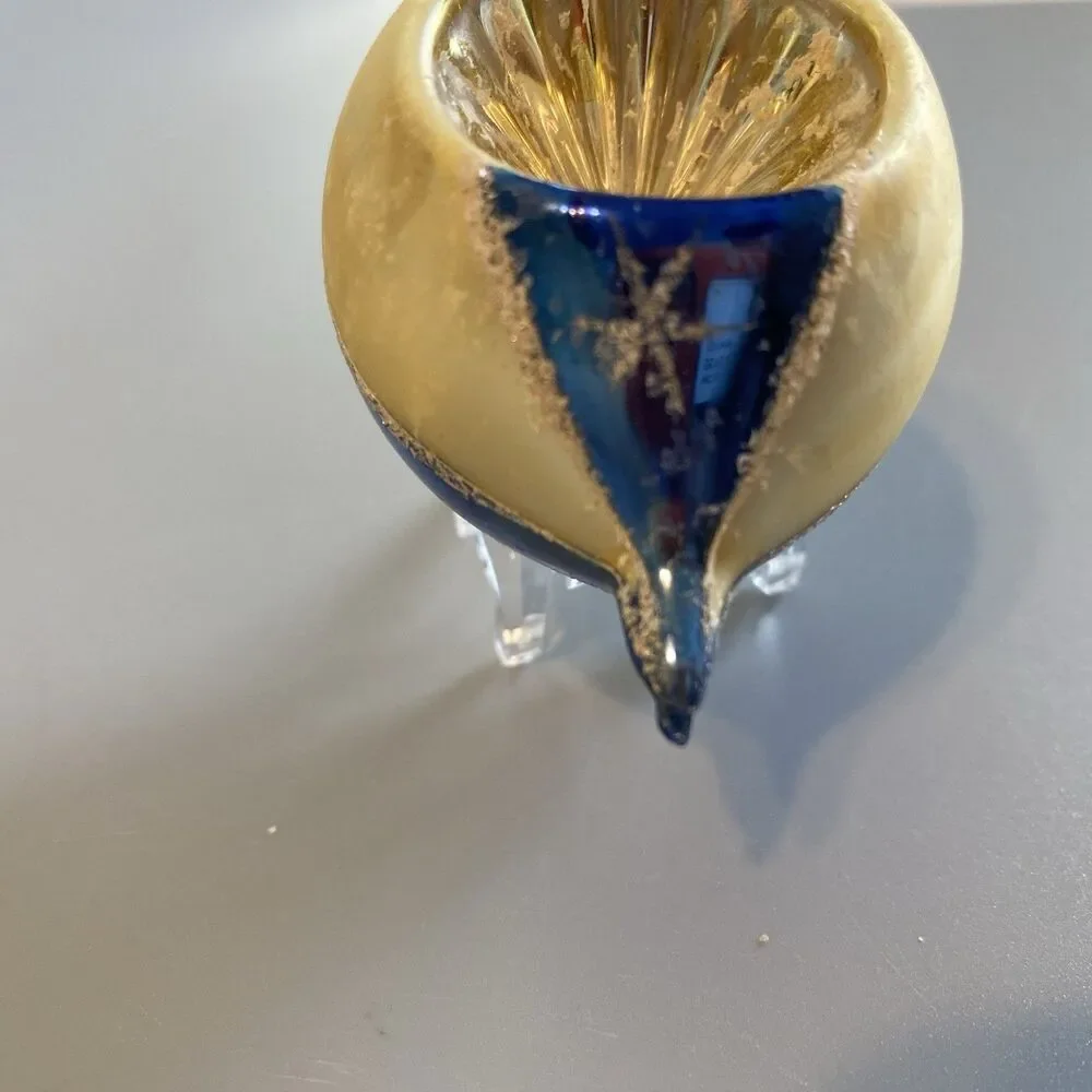 Vintage Hand-Blown Glass Christmas Ornament Teardrop Deep Indent Mica Blue Ivory