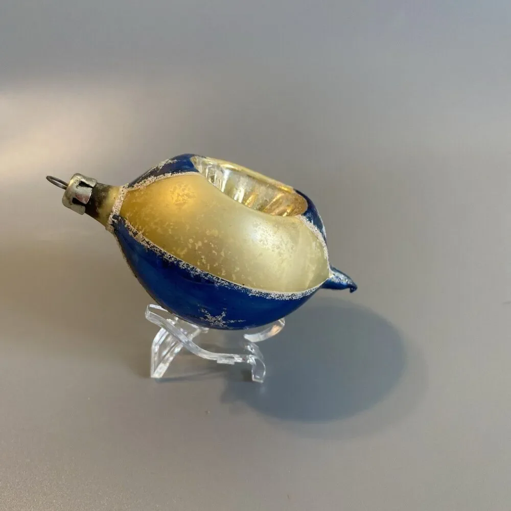 Vintage Hand-Blown Glass Christmas Ornament Teardrop Deep Indent Mica Blue Ivory