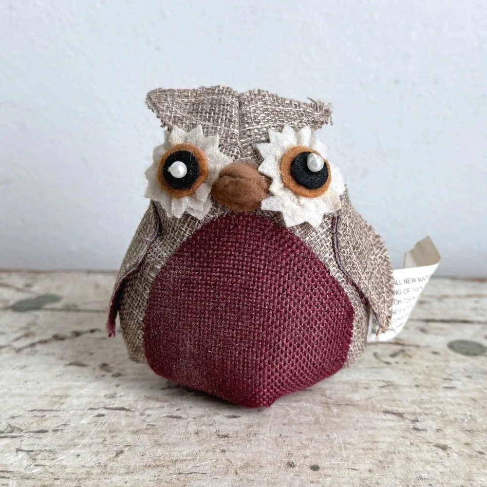 Rustic Burlap Owl Ornament Burgundy Tan Farmhouse Woodland Decor 4in