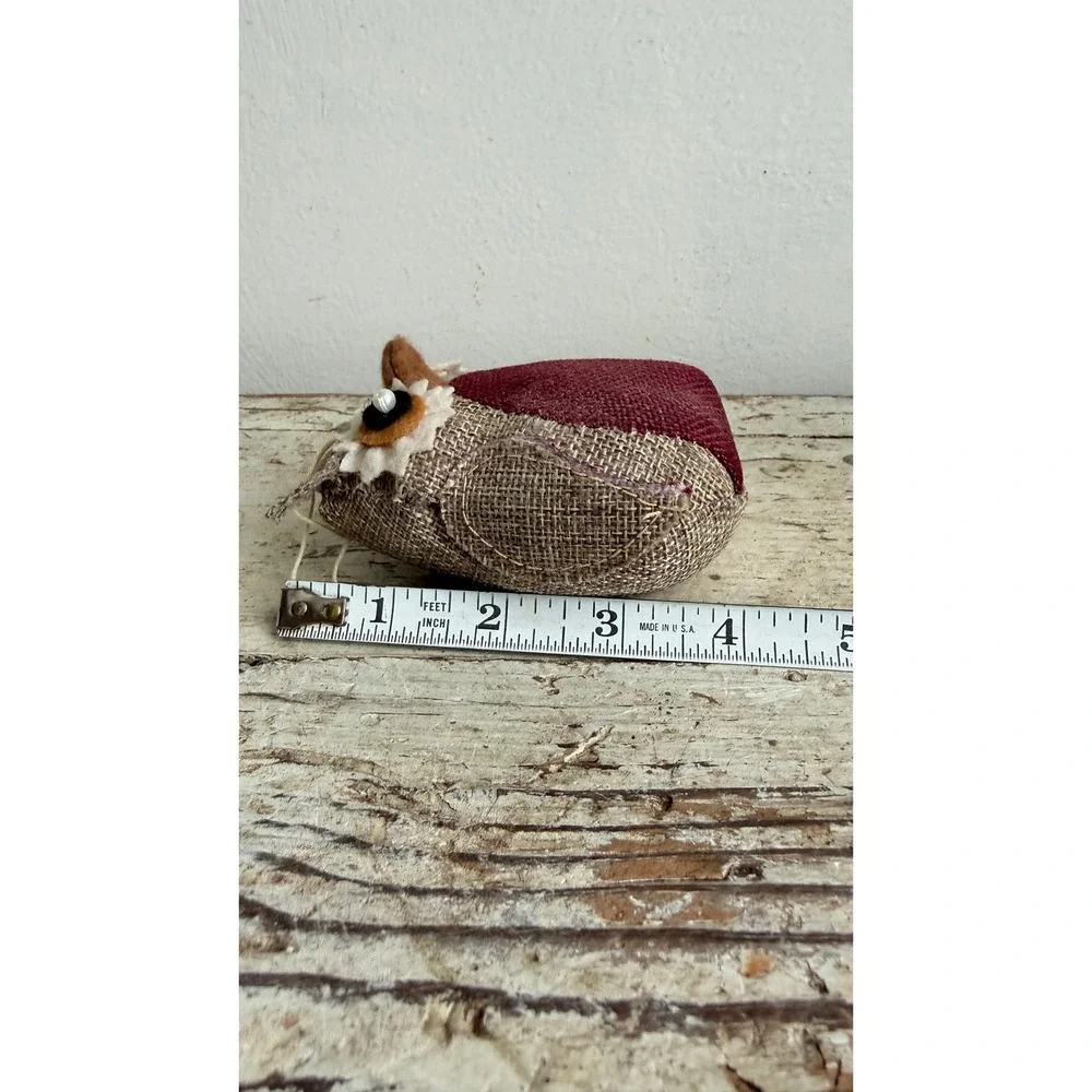 Rustic Burlap Owl Ornament Burgundy Tan Farmhouse Woodland Decor 4in