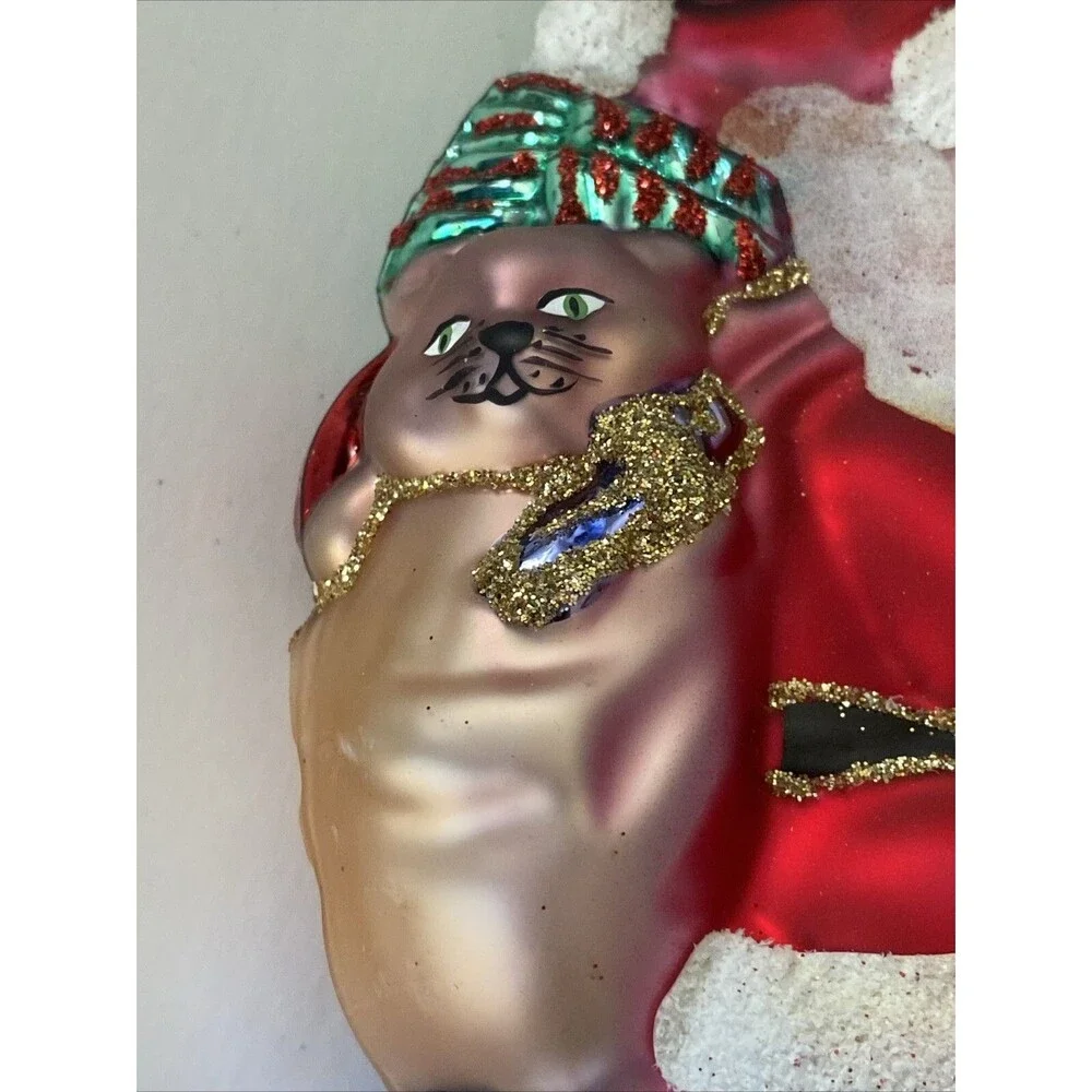 KREBS Lauscha Glas Santa On Snowmobile With Cat Christmas Ornament Original Box