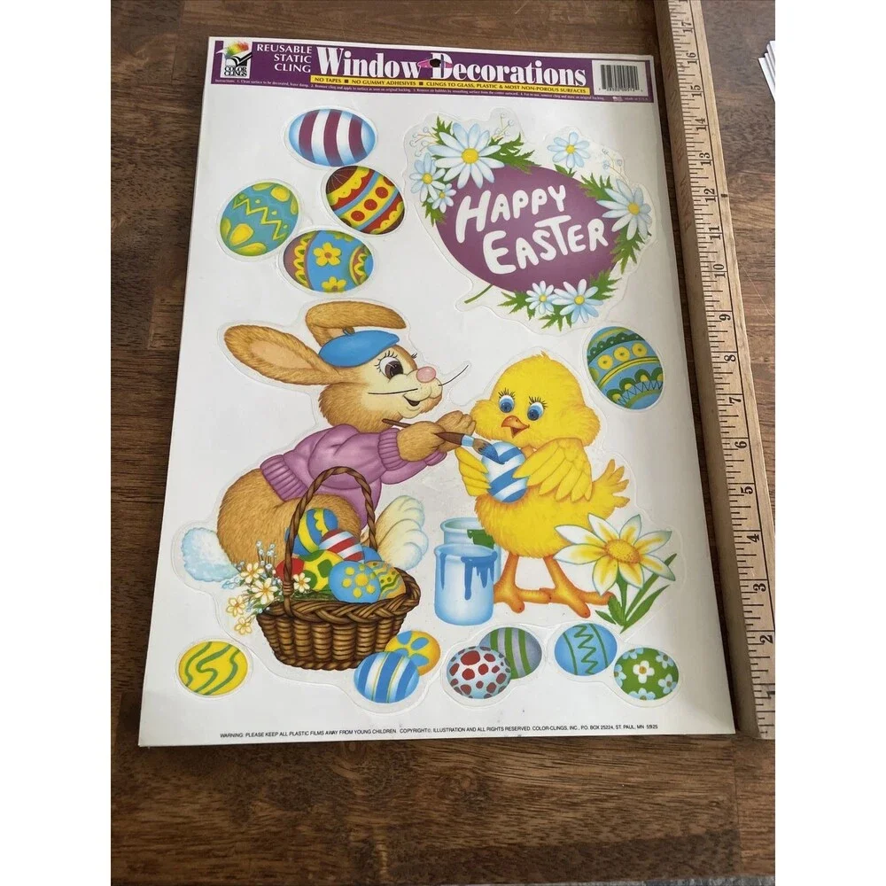 6 Easter Sprint Vinyl Window Clings Bunny Chipmunk Flowers Chick Egg Basket