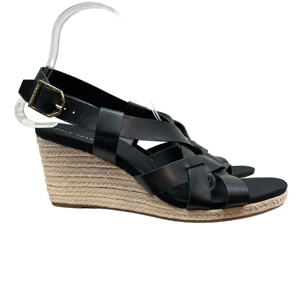 Cole Haan Crystal Sandal Wedge Espadrille Slingback Strappy Black Women Size‎ 9B