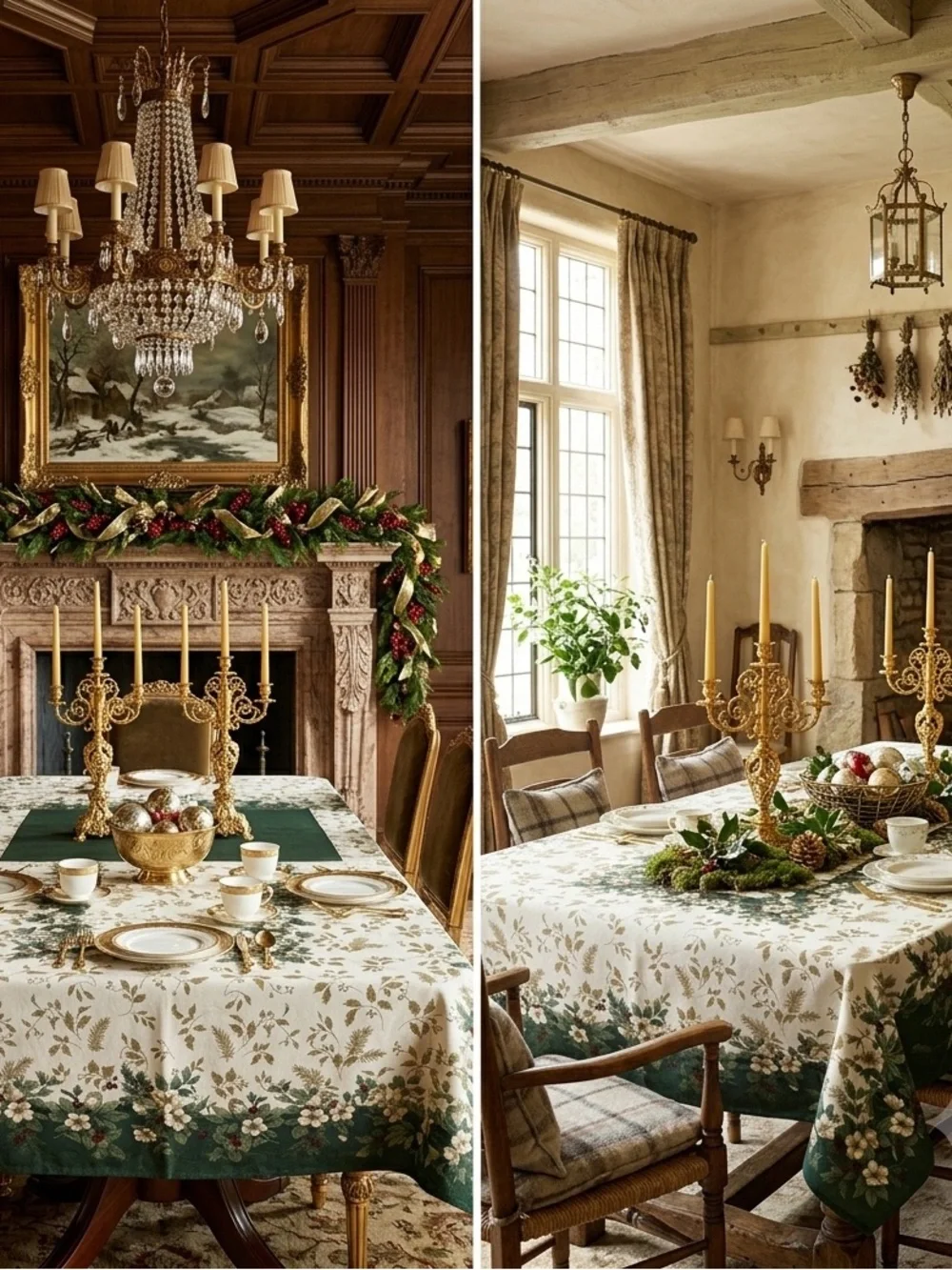 Vintage Table Cloth Luxury Holiday Christmas Floral Holly Ivory Cream Gold Green