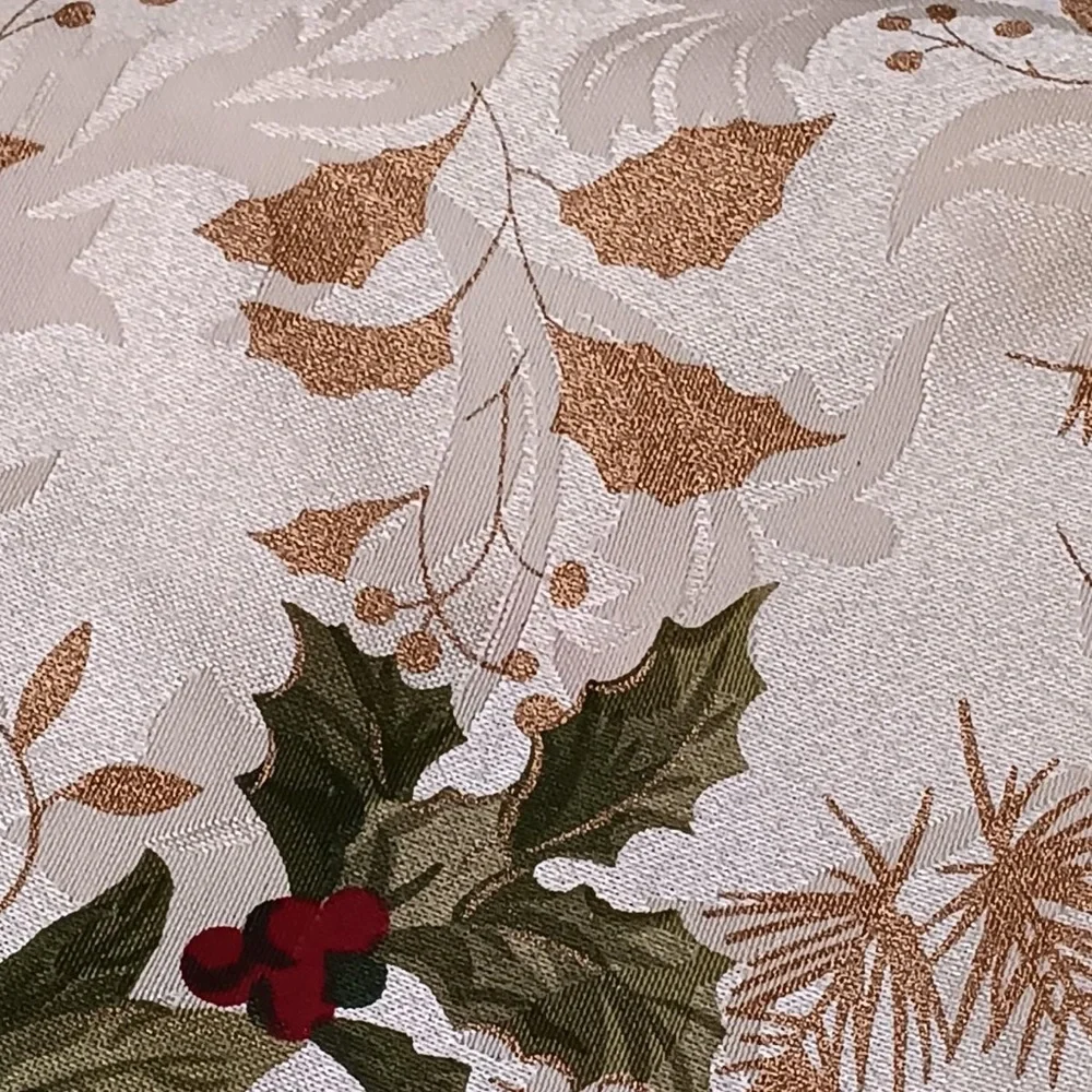 Vintage Table Cloth Luxury Holiday Christmas Floral Holly Ivory Cream Gold Green