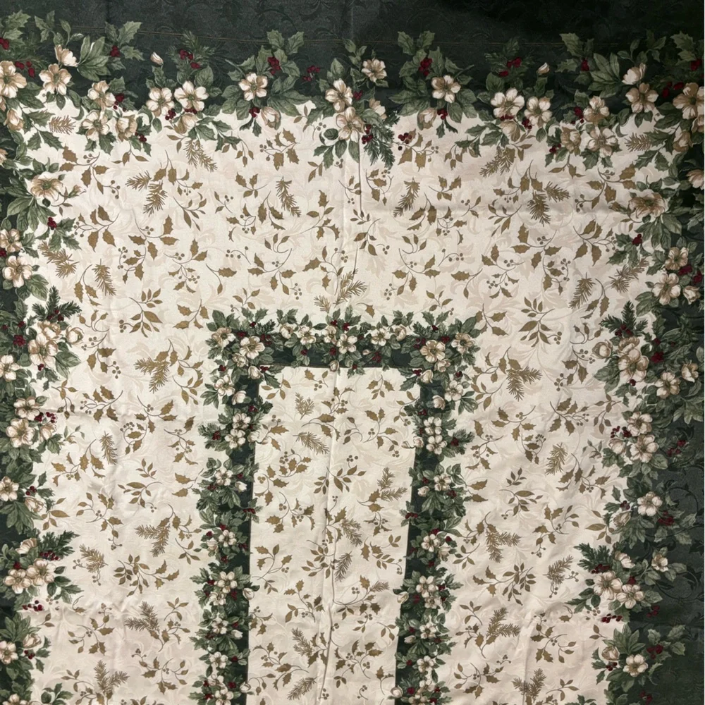 Vintage Table Cloth Luxury Holiday Christmas Floral Holly Ivory Cream Gold Green