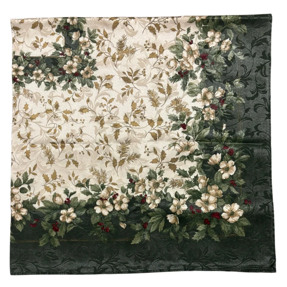 Vintage Table Cloth Luxury Holiday Christmas Floral Holly Ivory Cream Gold Green