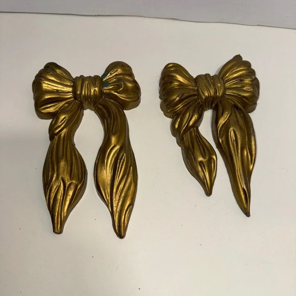Vintage Gold Tone Bow‎ Wall Decor Set of 2 Coquette Hanging Accents HOMCO Style