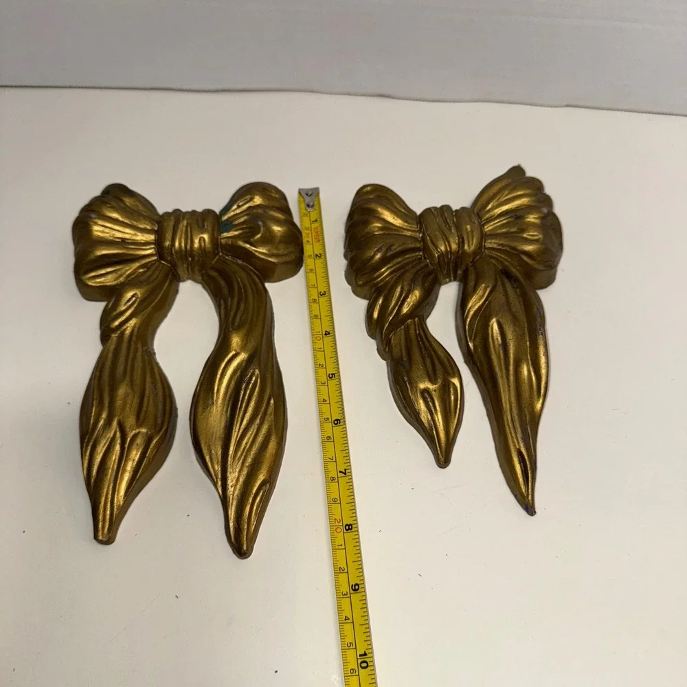 Vintage Gold Tone Bow‎ Wall Decor Set of 2 Coquette Hanging Accents HOMCO Style
