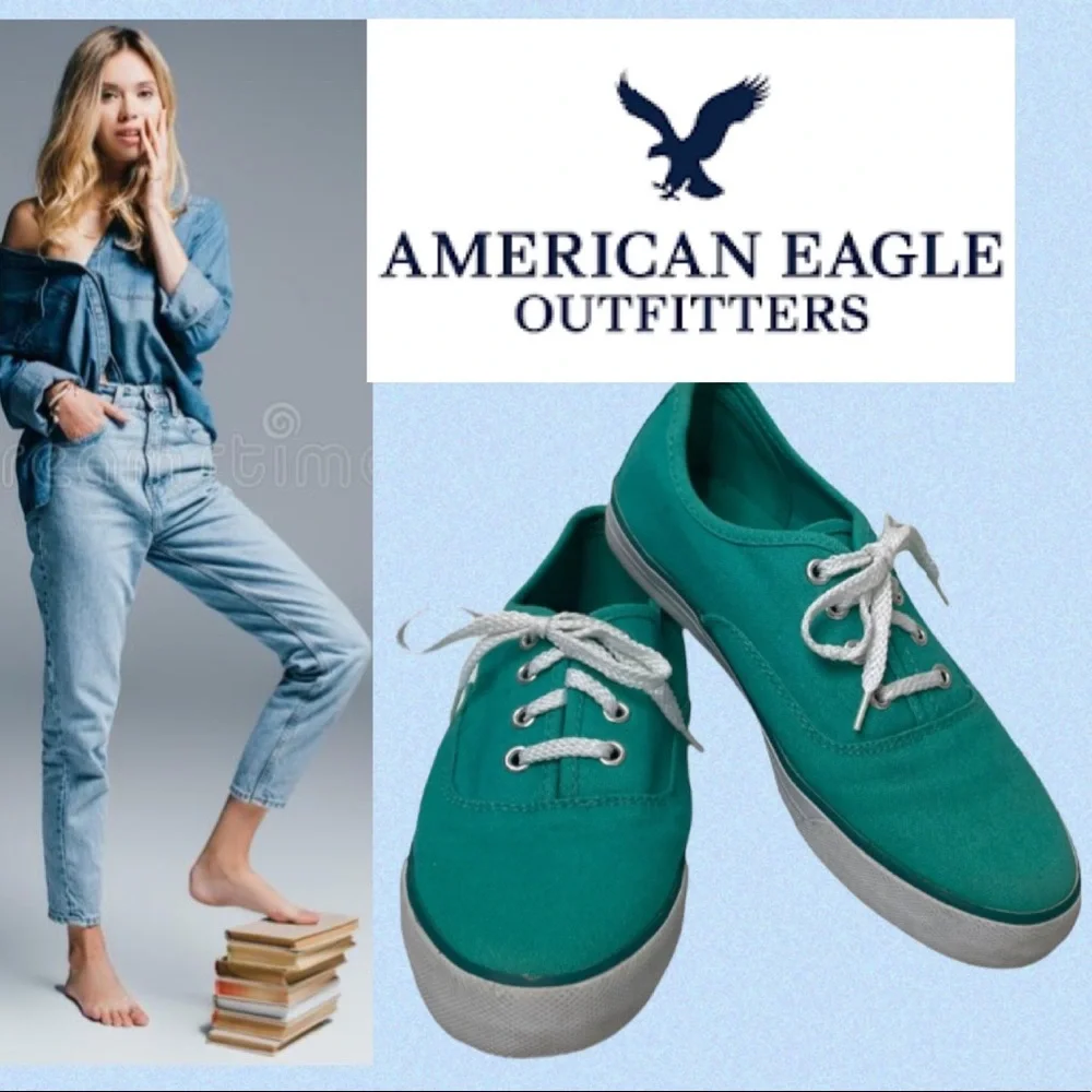 American Eagle Canvas Sneaker Colorful Retro Teal Blue Green Womens Shoes Size 6