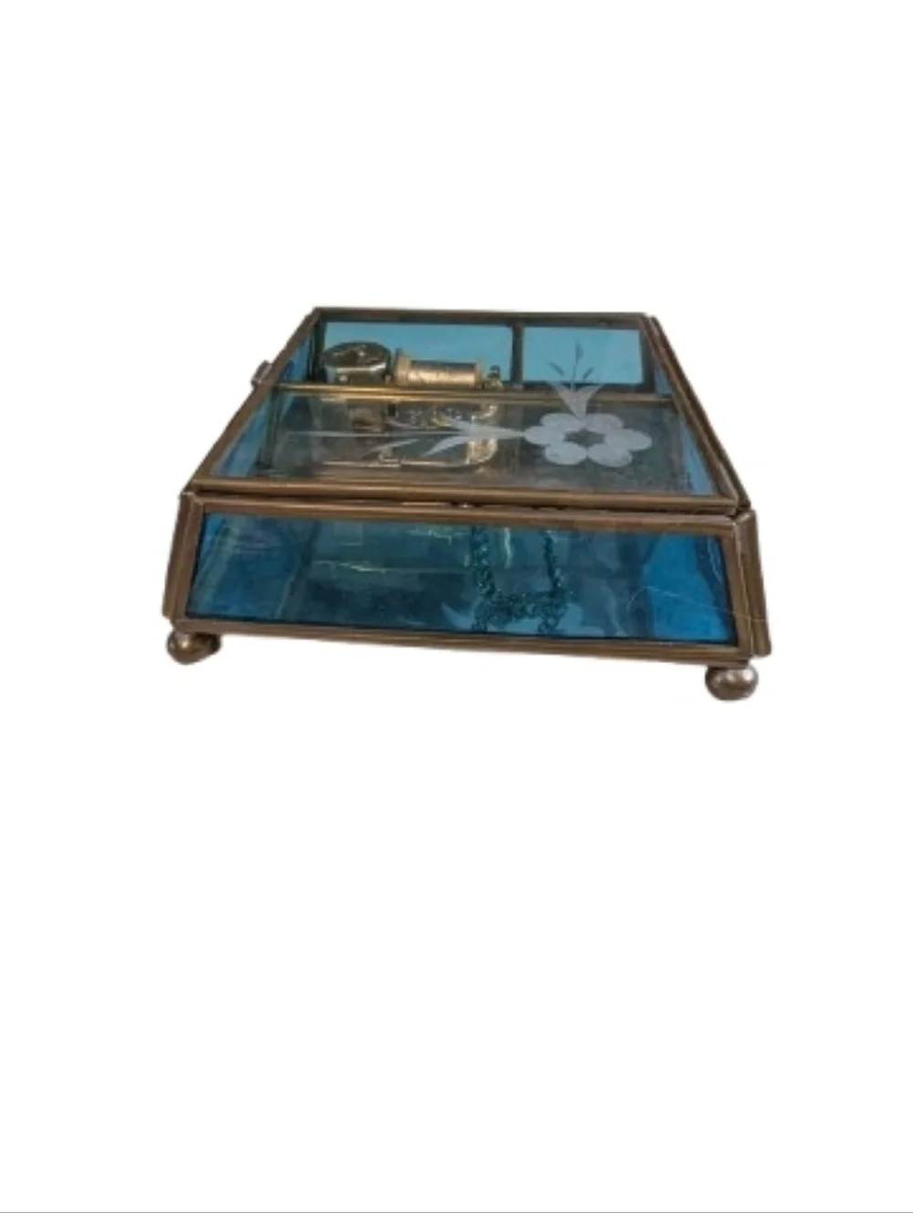 Vintage Blue Glass Trinket Music Box Plays Lara's Theme Sankyo Working