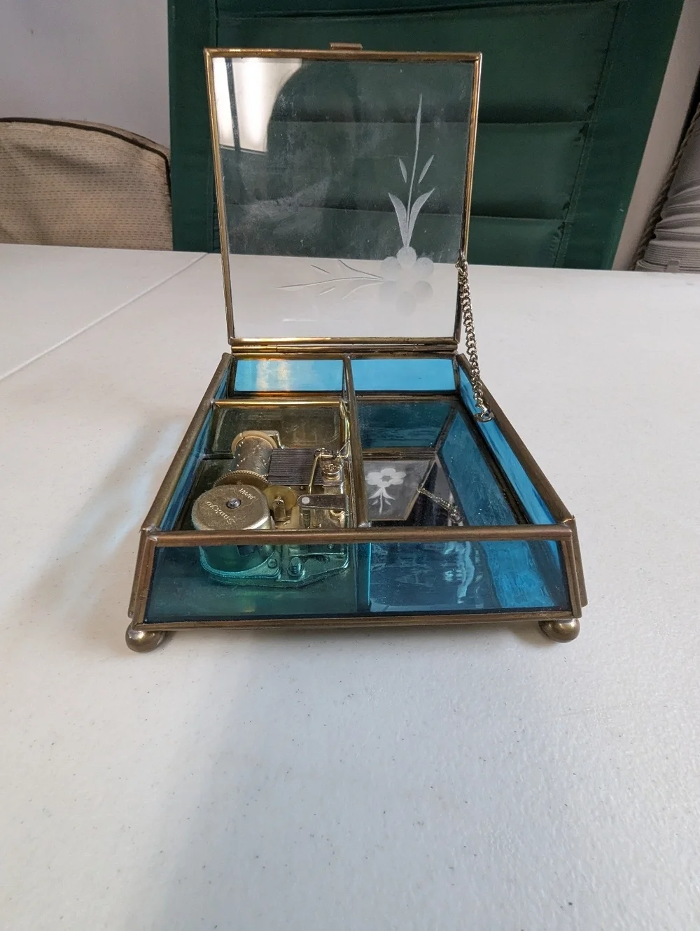 Vintage Blue Glass Trinket Music Box Plays Lara's Theme Sankyo Working