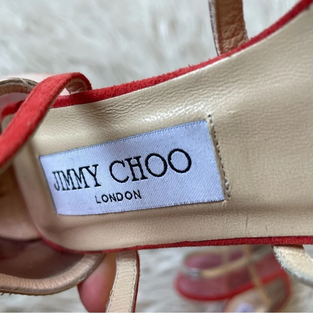 Jimmy Choo Red Multicolor Suede PVC Perspex Mai Tai Heeled Open Toe Sandals 36.5