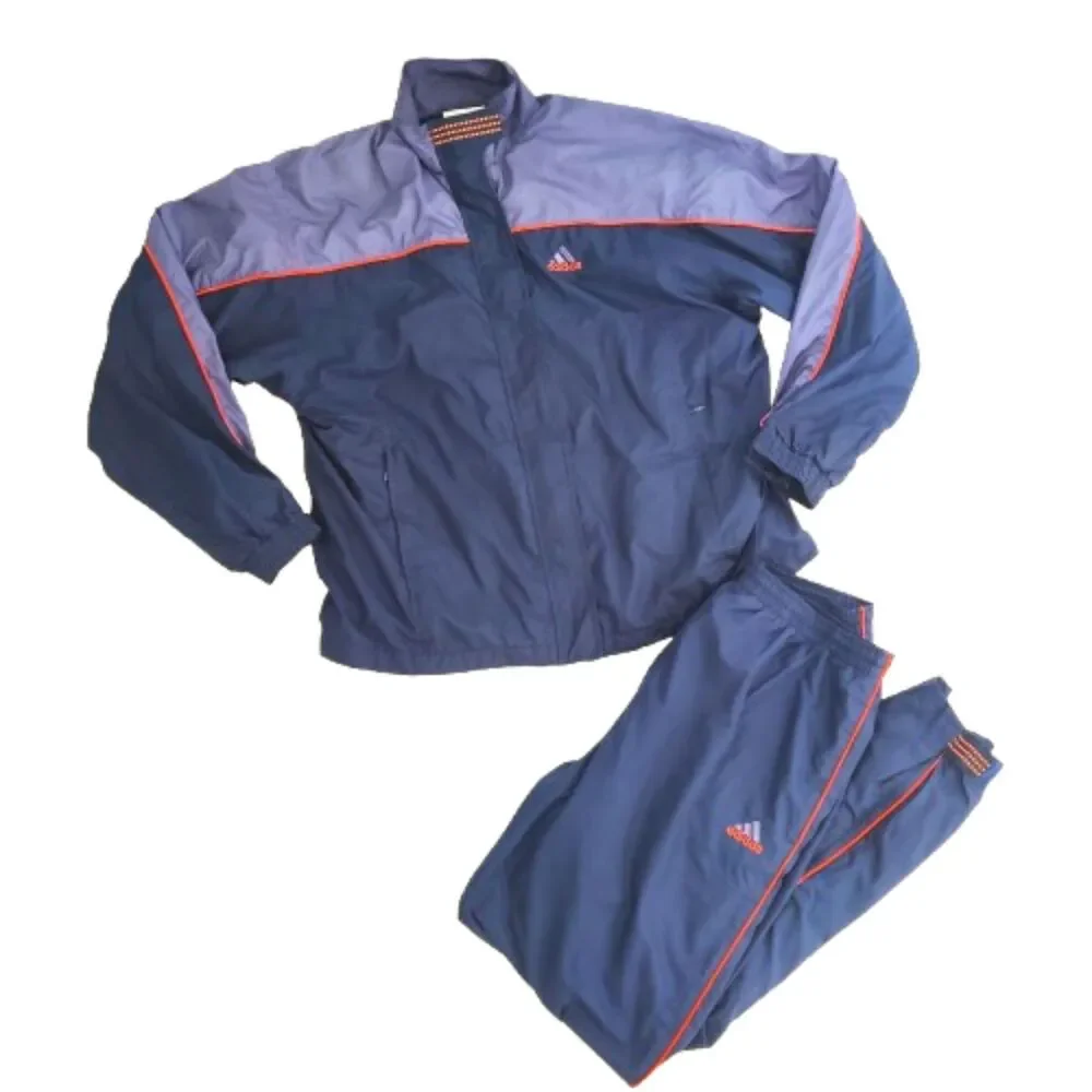 Adidas Mens L Navy Blue Orange Windbreaker Jacket Track Pants Tracksuit Set