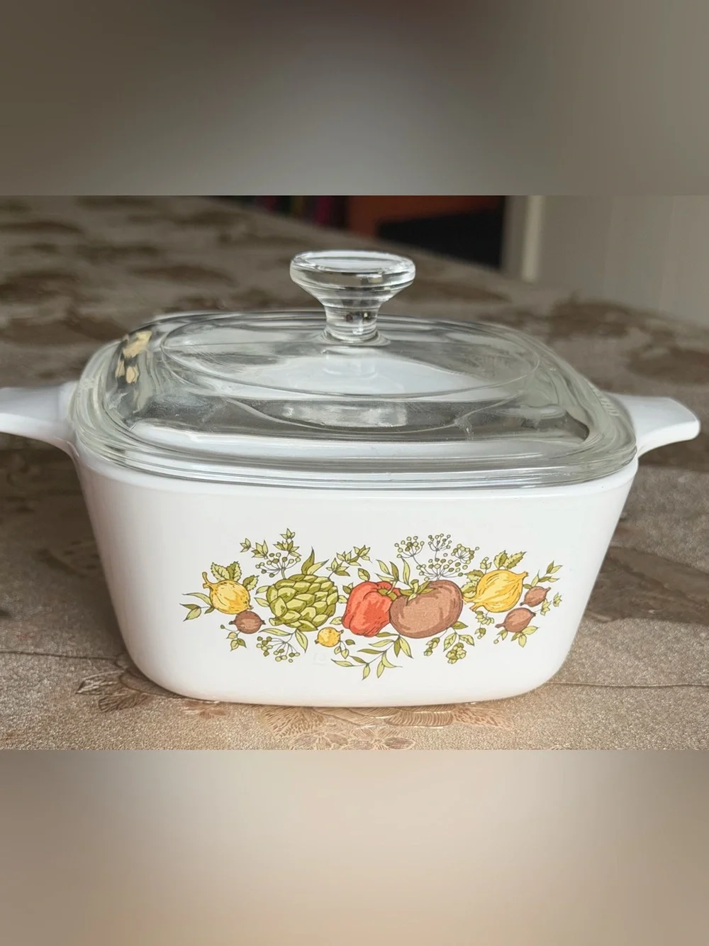 Corningware White Covered Casserole with Fruit and Botanical Design