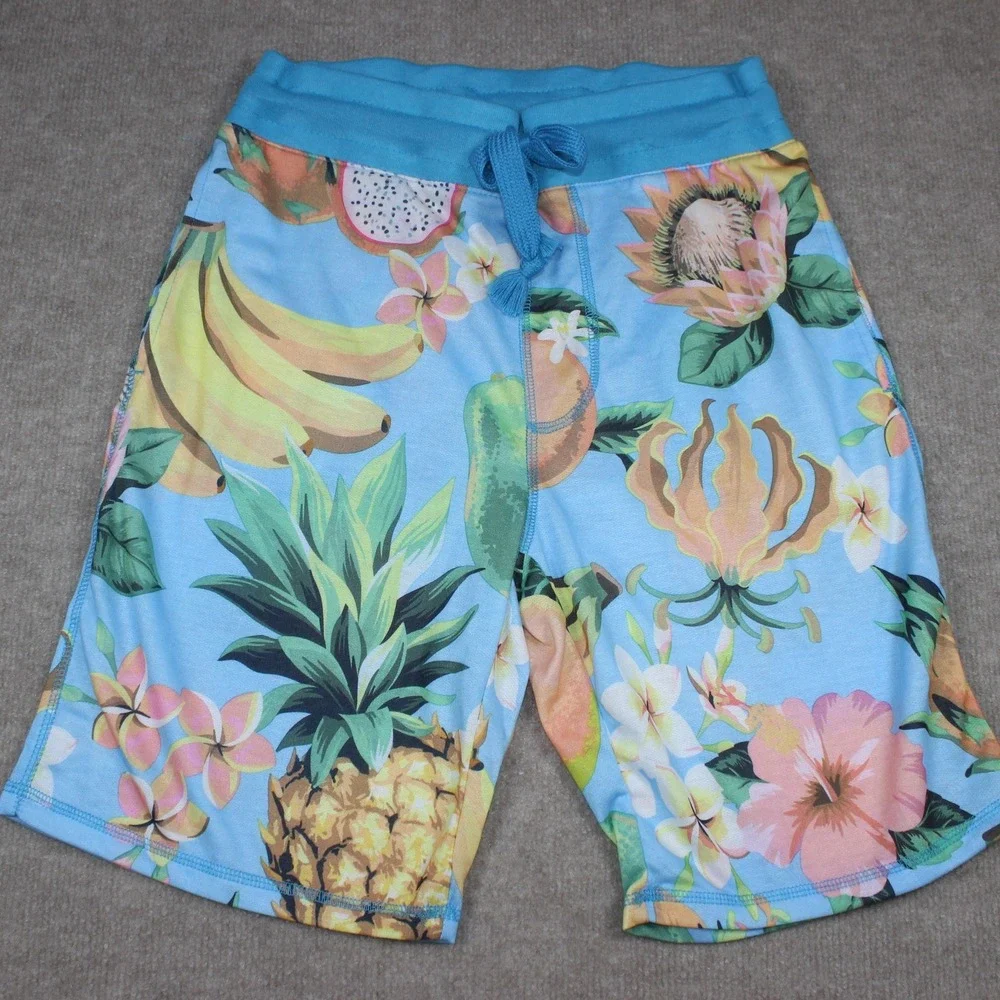 George Mens Tropical Fruit Print Shorts Blue Pineapple Floral Size Small 28-30