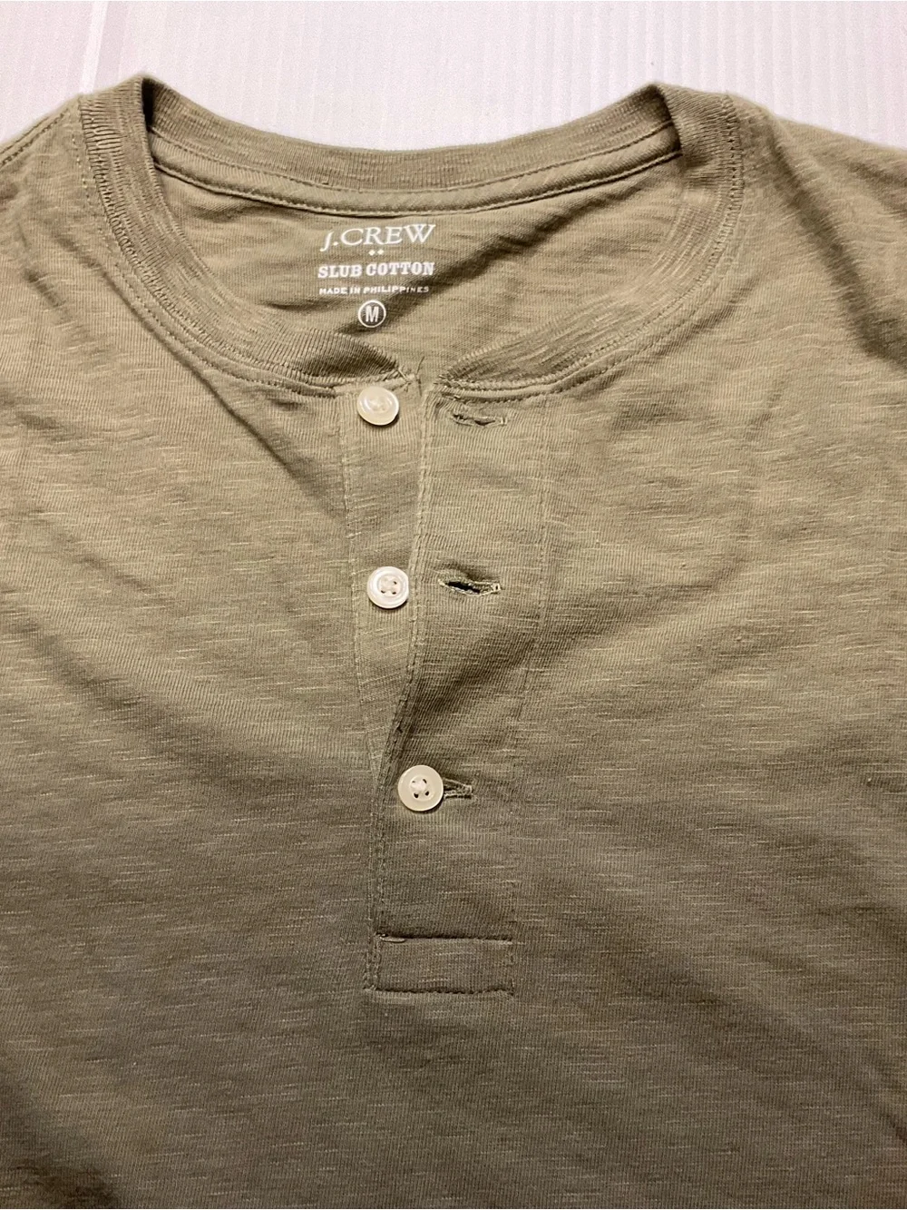 J.CREW Slub Cotton Olive/Army Green Henley Button Short Sleeve T-Shirt Men Sz M