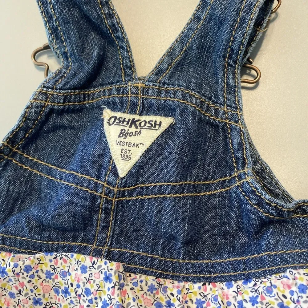 Vintage Girls 9 Months Oshkosh B'gosh Vestbak Overall Tiered Floral Dress Bibs