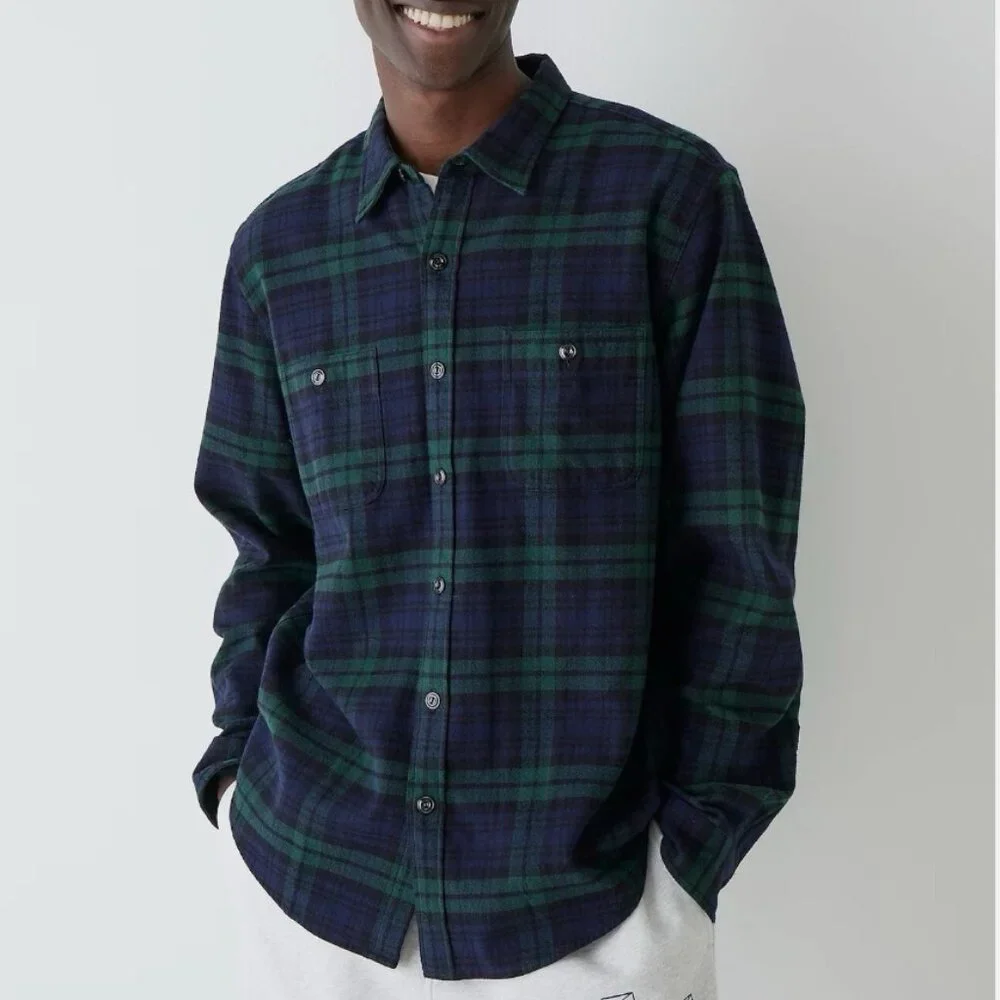 J. Crew Men's Green & Navy Slim Midweight Flannel Shirt in Watch Tartan - Size M
