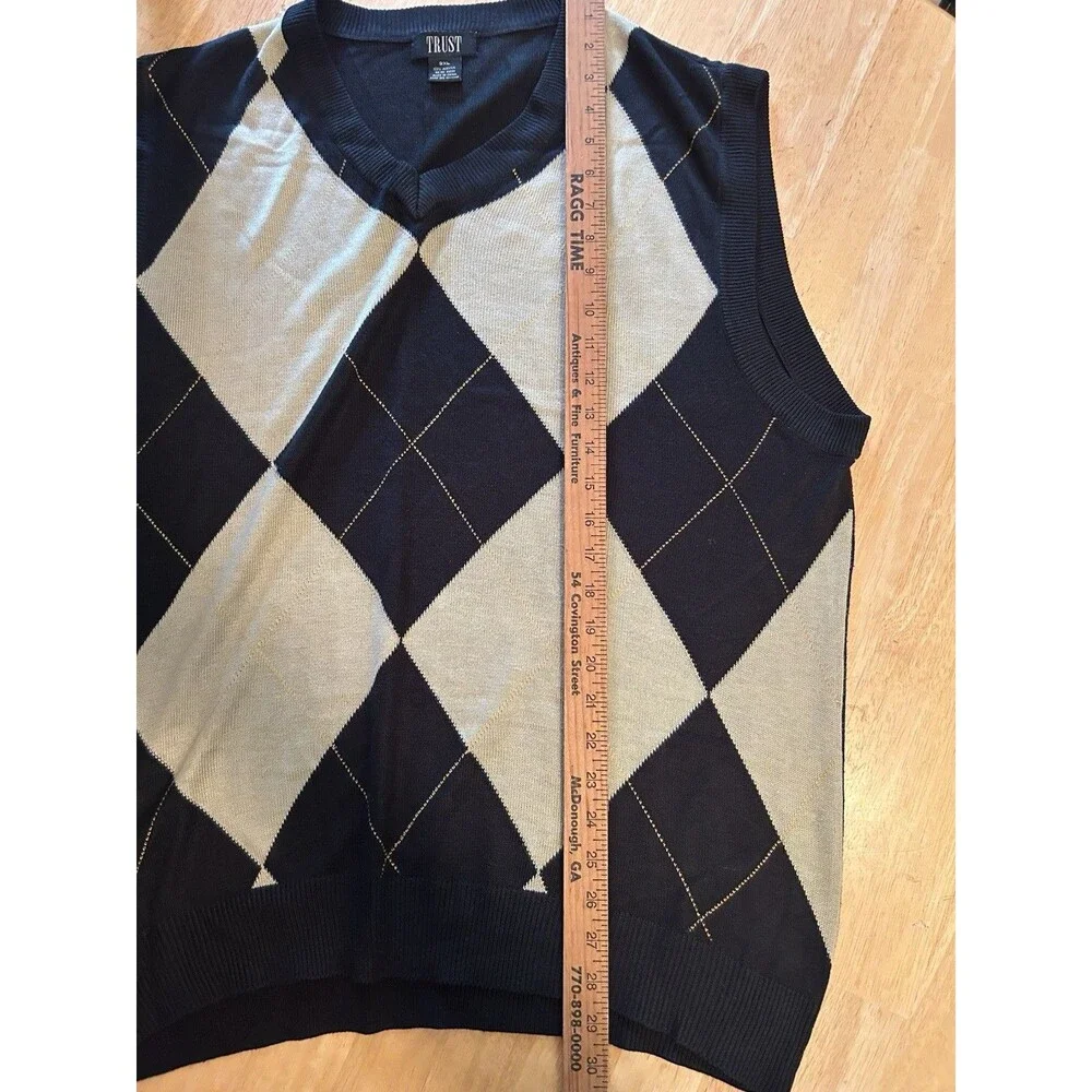 Trust 2XL Black Argyle Sweater Vest V Neck Preppy Golf Grandpa Core Knit Top